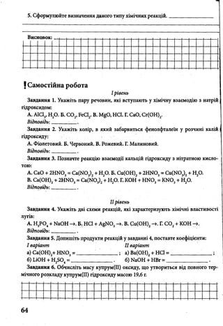 5. Сформулюйте визначення даного типу хімічних реакцій.
Висновок:
! Самостійна робота
I рівень
Завдання 1. Укажіть пару речовин, які вступають у хімічну взаємодію з натрій
гідроксидом:
А. АІСІ3, Н20 . Б. С 02, FeCl2. В. MgO, HCl. Г. CaO, Cr(OH)2.
Відповідь:______ ■
Завдання 2. Укажіть колір, в який забарвиться фенолфталеїн у розчині калій
гідроксиду:
А. Фіолетовий. Б. Червоний. В. Рожевий. Г. Малиновий.
Відповідь: __________
Завдання 3. Позначте реакцію взаємодії кальцій гідроксиду з нітратною кисло- ;
тою:
A. CaO + 2HN03= Ca(N03)2+ Н20. Б. Cu(OH)2+ 2HN03= Cu(N03)2+ Н20.
B. Са(ОН)2+ 2HN03= Ca(N03)2+ Н20. Г. КОН + HN03= KN03+ Н20.
Відповідь: _______
IIрівень
Завдання 4. Укажіть дві схеми реакцій, які характеризують хімічні властивості
лугів:
А. Н3Р 0 4+ NaOH Б. HCl + AgNO, В. Си(ОН)2 Г. С 02+ КОН
Відповідь:__________
Завдання 5. Допишіть продукти реакцій у завданні 4, поставте коефіцієнти:
І варіант II варіант
а) Са(ОН)2+ HN03= _ _ _ _ _ _ _ ; а) Ва(ОН)2+ НС1 = ____________ ;
б) LiOH + H2S04= _______________ б) NaOH + НВг = ____________________ .
Завдання 6. Обчисліть масу купрум(ІІ) оксиду, що утвориться від повного тер­
мічного розкладу купрум(ІІ) гідроксиду масою 19,6 г.
 