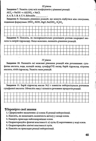 IIIрівень
Завдання 7. Укажіть суму всіх коефіцієнтів у рівнянні реакції:
АІС13+ МаОН -» А1(ОН)3+ КаСІ.
А. 6. Б. 5. В. 8. Г. 9. Відповідь:__________.
Завдання 8. Напишіть рівняння реакцій, що можуть відбутися між сполуками,
поданими формулами: НЖ )3, КОН, М§0, Ва(ОН)2, Н2Б04.
Завдання 9. Поясніть, як експериментально розпізнати розчин хлоридної кис­
лоти та натрій гідроксиду. Якщо можливо, напишіть рівняння реакцій.
IV рівень
Завдання 10. Напишіть всі можливі рівняння реакцій між речовинами: суль­
фатна кислота, вода, кальцій оксид, сульфур(УІ) оксид, барій гідроксид, нітратна
кислота, літій гідроксид. Укажіть типи реакцій.
Завдання 11. Барій гідроксид масою 34,2 г повністю нейтралізували розчином
сульфатної кислоти. Обчисліть масу і кількість речовини продуктів реакції.
^Перевірте свої знання
1. Сформулюйте визначення: а) основ; б) реакції нейтралізації.
2. Поясніть, як визначають валентність металу у складі основ.
3. Наведіть приклади найпоширеніших основ.
4. Охарактеризуйте фізичні властивості: а) лугів; б) нерозчинних у воді основ.
5. Охарактеризуйте хімічні властивості лугів.
6. Поясніть на прикладах реакції нейтралізації.
 
