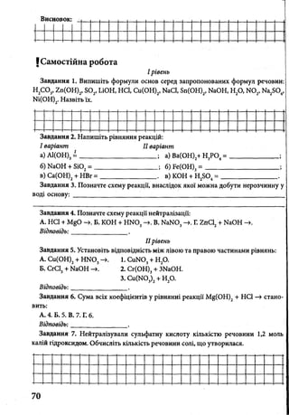 <
Висновок:
JСамостійна робота
І рівень
Завдання 1. Випишіть формули основ серед запропонованих формул речовин:
Н2С 03, Zn(OH)2, S02>LiOH, HCl, Cu(OH)2, NaCl, Sn(OH)2, NaOH, H20, N 02, Na2S04,
Ni(OH)2. Назвіть їх.
Завдання 2. Напишіть рівняння реакцій:
І варіант II варіант
а) А1(ОН)3= _______________________; а) Ва(ОН)2+ Н3Р04=
б) NaOH + SiO, = __________________ ; б) Fe(OH)3= _______
в) Са(ОН)2+ НВг = _______________ . в) КОН + H2S04=
Завдання 3. Позначте схему реакції, внаслідок якої можна добути нерозчинну у
воді основу: ____________ _________________________________________________
Завдання 4. Позначте схему реакції нейтралізації:
А. н е ї + МйО Б. КОН + н ю з В. № Ш 3 Г. гпС12+ NaOH
Відповідь: _______________ .
IIрівень
Завдання 5. Установіть відповідність між лівою та правою частинами рівнянь:
А. Си(ОН)2+ Н Ш 3 1. С иШ 3+ Н20.
Б. СгС13+ NaOH 2. Сг(ОН)3+ ЗNaOH.
3. Си(Ж)3)2+ н 2о.
Відповідь:________________ .
Завдання 6. Сума всіх коефіцієнтів у рівнянні реакції М§(ОН)2+ НС1 —» стано­
вить:
А. 4. Б. 5. В. 7. Г. 6.
Відповідь: ' ____________.
Завдання 7. Нейтралізували сульфатну кислоту кількістю речовини 1,2 моль
калій гідроксидом. Обчисліть кількість речовини солі, що утворилася.
70
 