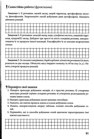 1
! Самостійна робота (фронтальна)
Завдання 1. Є речовини: магній оксид, натрій гідроксид, ортофосфатна кисло­
та, фенолфталеїн. Запропонуйте спосіб добування двох ортофосфатів. Напишіть
рівняння реакцій.
Завдання 2. Є речовини: кальцій оксид, вода, сульфатна кислота, алюміній гідро­
ксид, купрум(ІІ) оксид. Добудьте три прості та шість складних речовин, викорис­
товуючи їх та продукти їхньої взаємодії. Класифікуйте їх за класами неорганічних
сполук.
Завдання 3. За сильного нагрівання, барій карбонат, кількістю речовини 0,6 моль,
розклали на два оксиди. Обчисліть масу твердого залишку та об’єм газу (н.у.). На­
звіть утворені продукти реакцій.
? Перевірте свої знання
1. Наведіть приклади добування оксидів: а) з простих речовин; б) утворених
внаслідок реакцій горіння складних речовин; в) утворених розкладанням ре­
човин інших класів.
2. Наведіть приклади добування кислот різними способами.
3. Поясніть, які хімічні процеси лежать в основі добування основ.
4. Назвіть, використовуючи опорну таблицю, основні способи добування со­
лей.
5. Порівняйте, які із способів добування солей одночасно характеризують їхні
хімічні властивості.
91
і
 
