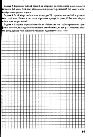 Задача 3. Внаслідок якісної реакції на хлоридну кислоту, випав осад кількістю
човини 0,2 моль. Якій масі відповідає ця кількість речовини? Які маси та кіль-
сті речовин реагентів узято?
Задача 4. За дії нітратної кислоти на ферум(ІІ) гідроксид масою 28,8 г, утвори­
сь сіль і вода. Які маси та кількості речовин продуктів реакції? Яка маса нітрат-
ої кислоти витратилась?
Задача 5. На суміш порошків магнію та міді масою 10 г подіяли розчином суль-
атної кислоти, внаслідок чого виділився газ об’ємом 3,36 л (н.у.). Обчисліть масо-
ий склад суміші. Якій кількості речовини відповідають такі маси?
95
 