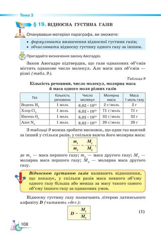 108
Тема 3
§ 19. ВІДНОСНА  ГУСТИНА  ГАЗІВ
Опанувавши матеріал параграфа, ви зможете:
• формулювати визначення відносної густини газів;
• обчислювати відносну густину одного газу за іншим.
Пригадайте визначення закону Авогадро.
Закон Авогадро підтвердив, що гази однакових об’ємів
містять однакове число молекул. Але маси цих об’ємів —
різні (табл. 9).
Таблиця 9
Кількість речовини, число молекул, молярна маса­
й маса одного моля різних газів
Газ
Кількість
речовини
Число
молекул
Молярна
маса
Маса
1 моль газу
Водень Н2
1 моль 6,02 · 1023 2 г/моль 2 г
Хлор Cl2
1 моль 6,02 · 1023 71 г/моль 71 г
Кисень О2
1 моль 6,02 · 1023 32 г/моль 32 г
Азот N2
1 моль 6,02 · 1023 28 г/моль 28 г
З таблиці 9 можна зробити висновок, що один газ важчий
за інший у стільки разів, у скільки важча його молярна маса:
m1
m2
M1
M2
=
де m1
— маса першого газу; m2
— маса другого газу; M1
—
молярна маса першого газу; M2
— молярна маса другого
газу.
Відносну густину газу позначають літерою латинського
алфавіту D (читають «де»):
M1
M2
D =                                          (1)  
Відносною густиною газів називають відношення,
що показує, у скільки разів маса певного об’єму
одного газу більша або менша за масу такого самого
об’єму іншого газу за однакових умов.
,
.
 