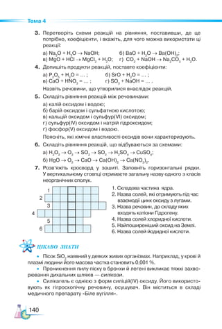 140
Тема 4
3. Перетворіть схеми реакцій на рівняння, поставивши, де це
потрібно, коефіцієн­
ти, і вкажіть, для чого можна використати ці
реакції:
а) Na2
O + H2
O → NaOH; б) BaO + H2
O → Ba(OH)2
;
в) MgO + HCl → MgCl2
+ H2
O; г) CO2
+ NaOH → Na2
CO3
+ H2
O.
4. Допишіть продукти реакцій, поставте коефіцієнти:
а) P2
O5
+ H2
O = … ; б) SrO + H2
O = … ;
в) CaO + HNO3
= … ; г) SO3
+ NaOH = … .
Назвіть речовини, що утворилися внаслідок реакцій.
5. Складіть рівняння реакцій між речовинами:
а) калій оксидом і водою;
б) барій оксидом і сульфатною кислотою;
в) кальцій оксидом і сульфур(VI) оксидом;
г) сульфур(IV) оксидом і натрій гідроксидом;
ґ) фосфор(V) оксидом і водою.
Поясніть, які хімічні властивості оксидів вони характеризують.
6. Складіть рівняння реакцій, що відбуваються за схемами:
а) Н2
О2
→ O2
→ SO2
→ SO3
→ H2
SO4
→ CuSO4
;
б) HgO → O2
→ CaO → Ca(OH)2
→ Ca(NO3
)2
.
7. Розв’яжіть кросворд у зошиті. Заповніть горизонтальні рядки.
У верти­
кальному стовпці отримаєте загальну назву одного з класів
неорганічних сполук.
1. Складова частина ядра.
2. Назва солей, які отримують під час
взаємодії цинк оксиду з лугами.
3. Назва речовин, до складу яких
входять катіони Гідрогену.
4. Назва солей хлоридної кислоти.
5. Найпоширеніший оксид на Землі.
6. Назва солей йодидної кислоти.
Цікаво  знати
•   Пісок SiO2
наявний у деяких живих організмах. Наприклад, у крові й
плазмі людини його масова частка становить 0,001 %.
•   Проникнення пилу піску в бронхи й легені викликає тяжкі захво-
рювання дихальних шляхів — силікози.
•   Силікагель є однією з форм силіцій(ІV) оксиду. Його використо­
вують як гігроскопічну речовину, осушувач. Він міститься в складі
медичного препарату «Біле вугілля».
1
2
3
4
5
6
 
