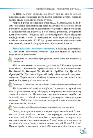 15
Періодичний закон і періодична система...
А 1865 р. вчені дійшли висновку про те, що за основу
класифікації елементів треба взяти відносні атомні маси як
єдину сталу характеристику атома.
Через 4 роки російський учений Д. І. Менделєєв (1834–
1907) виявив періодичність змін хімічних елементів і зумів
пояснити залежність між величиною атомної маси елемента
й властивостями простих і складних речовин, утворених
цим елементом. Завдяки цій закономірності було відкрито
періодичний закон і побудовано таблицю класифікації
хімічних елементів. У 1871 р., узагальнивши виявлені зако-
номірності, учений сформулював періодичний закон.
Лужні елементи і їхні прості речовини. У таблиці класифіка-
ції хімічних елементів кожний ряд починається лужним
металічним елементом.
Подумайте та висловте припущення, чому саме так назвали ці
елементи.
Які ж елементи належать до лужних? Родина лужних
металічних елементів представлена шістьма елементами.
Це Літій Li, Натрій Na, Калій K, Рубідій Rb, Цезій Cs,
Францій Fr. До того ж Францій добутий штучно і є радіоак-
тивним. Через високу хімічну активність ці метали в при-
роді не існують у вільному стані.
Визначте розміщення цих металічних елементів у періодичній системі.
Як бачимо з таблиці класифікації елементів, лужні еле-
менти утворюють цілу підгрупу в першому вертикальному
стовпці елементів. Це означає, що вони мають подібні як
фізичні, так і хімічні властивості, у сполуках завжди одно-
валентні. Усі прості речовини, утворені цими елементами,
є типовими металами.
Пригадайте, які фізичні властивості характерні для металів.
Отже, для лужних металів характерні металічний блиск,
висока пластичність, низькі температури плавлення та
кипіння, які зі збільшенням їхніх порядкових номерів і від-
носних атомних мас знижуються. Лужні метали належать до
легких, оскільки їхня густина становить від 0,53 до 2,3 г/см3
.
Можна зробити висновок, що зі збільшенням відносних атом-
 
