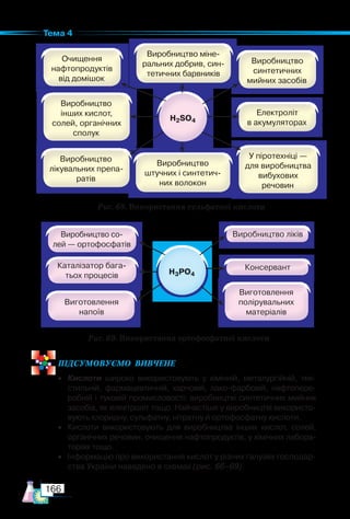 166
Тема 4
Рис. 68. Використання сульфатної кислоти
Рис. 69. Використання ортофосфатної кислоти
Виробництво со-
лей — ортофосфатів
Каталізатор бага-
тьох процесів
Виготовлення
полірувальних
матеріалів
Виготовлення
напоїв
Виробництво ліків
Консервант
ПІД­
СУ­
МО­
ВУ­
Є­
МО  ВИВЧЕНЕ
• Кислоти широко використовують у хімічній, металургійній, тек-
стильній, фармацевтичній, харчовій, лако-фарбовій, нафтопере-
робній і туковій промисловості; виробництві синтетичних мийних
засобів, як електроліт тощо. Найчастіше у виробництві використо-
вують хлоридну, сульфатну, нітратну й ортофосфатну кислоти.
• Кислоти використовують для виробництва інших кислот, солей,
органічних речовин, очищення нафтопродуктів, у хімічних лабора-
торіях тощо.
• Інформацію про використання кислот у різних галузях господар-
ства України наведено в схемах (рис. 66–69).
 