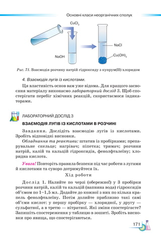 Основні класи неорганічних сполук
171
Рис. 71. Взаємодія розчину натрій гідроксиду з купрум(ІІ) хлоридом
NaOH
NaCl
Cu(OH)2
CuCl2
4. Взаємодія лугів із кислотами.
Ця властивість основ вам уже відома. Для кращого засво-
єння матеріалу виконаємо лабораторний дослід 3. Щоб спо-
стерігати перебіг хімічних реакцій, скористаємося індика-
торами.
Ла­бо­ра­тор­ний дос­лід 3
ВЗАЄМОДІЯ ЛУГІВ ІЗ КИСЛОТАМИ В РОЗЧИНІ
Завдання. Дослідіть взаємодію лугів із кислотами.
Зробіть відповідні висновки.
Обладнання та реактиви: штатив із пробірками; препа-
рувальне скельце; нагрівач; піпетка; тримач; розчини
натрій, калій та кальцій гідроксидів, фенолфталеїну; хло-
ридна кислота.
Увага! Повторіть правила безпеки під час роботи з лугами
й кислотами та суворо дотримуйтеся їх.
Хід роботи
Дослід 1. Налийте по черзі (обережно!) у 3 пробірки
розчини натрій, калій та кальцій (вапняна вода) гідроксидів
об’ємом по 1–1,5 мл. Додайте до кожної з них по кілька кра-
пель фенол­
фталеїну. Потім долийте приблизно такі самі
об’єми кислот: у першу пробірку — хлоридної, у другу —
сульфатної, а в третю — нітратної. Які зміни спостерігаєте?
Запишіть спостереження у таблицю в зошиті. Зробіть висно-
вки про явища, що спостерігаються.
 