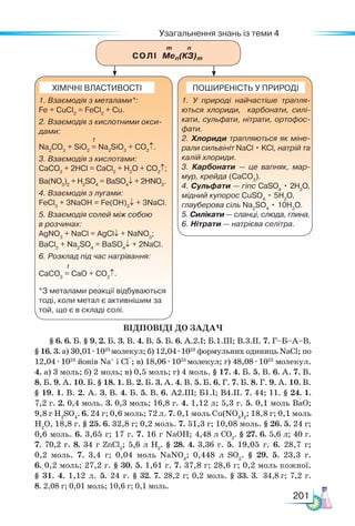 201
Узагальнення знань із теми 4
1. Взаємодія з металами*:
Fe + CuCl2
= FeCl2
+ Cu.
2. Взаємодія з кислотними окси­
дами:
t
Na2
CO3
+ SiO2
= Na2
SiO3
+ CO2
↑.
3. Взаємодія з кислотами:
СаСО3
+ 2HСl = CaCl2
+ H2
O + CO2
↑;
Ba(NO3
)2
+ H2
SO4
= BaSO4
↓ + 2HNO3
.
4. Взаємодія з лугами:
FeCl3
+ 3NaOH = Fe(OH)3
↓ + 3NaCl.
5. Взаємодія солей між собою
в розчинах:
AgNO3
+ NaCl = AgCl↓ + NaNO3
;
BaCl2
+ Na2
SO4
= BaSO4
↓ + 2NaCl.
6. Розклад під час нагрівання:
t
СаСО3
= СаО + СО2
↑.
*З металами реакції відбуваються
тоді, коли метал є активнішим за
той, що є в складі солі.
ХІМІЧНІ ВЛАСТИВОСТІ
1. У природі найчастіше трапля­
ються хлориди, карбонати, силі­
кати, сульфати, нітрати, ортофос­
фати.
2. Хлориди трапляються як міне­
рали сильвініт NaCl • KCl, натрій та
калій хлориди.
3. Карбонати — це вапняк, мар­
мур, крейда (СаСО3
).
4. Сульфати — гіпс СаSO4
• 2H2
O,
мідний купорос СuSO4
• 5H2
O,
глауберова сіль Nа2
SO4
• 10H2
O.
5. Силікати — сланці, слюда, глина.
6. Нітрати — натрієва селітра.
ПОШИРЕНІСТЬ У ПРИРОДІ
			 m n
СОЛІ Men(КЗ)m
Відповіді до задач
§ 6. 6. Б. § 9. 2. Б. 3. В. 4. В. 5. Б. 6. А.2.І; Б.1.ІІІ; В.3.ІІ. 7. Г–Б–А–В.
§ 16. 3. а) 30,01 · 1023
молекул; б) 12,04 · 1023
формульних одиниць NaCl; по
12,04 · 1023
йонів Na+
і Cl
–
; в) 18,06 · 1023
молекул; г) 48,08 · 1023
мо­
лекул.
4. а) 3 моль; б) 2 моль; в) 0,5 моль; г) 4 моль. § 17. 4. Б. 5. В. 6. А. 7. В.
8. Б. 9. А. 10. Б. § 18. 1. В. 2. Б. 3. А. 4. В. 5. Б. 6. Г. 7. Б. 8. Г. 9. А. 10. В.
§ 19. 1. В. 2. А. 3. В. 4. Б. 5. В. 6. А2.ІІІ; Б1.І; В4.ІІ. 7. 44; 11. § 24. 1.­
7,2 г. 2. 0,4 моль. 3. 0,3 моль; 16,8 г. 4. 1,12 л; 5,3 г. 5. 0,1 моль ВаО;
9,8 г H2
SO4
. 6. 24 г; 0,6 моль; 72 л. 7. 0,1 моль Cu(NO3
)2
; 18,8 г; 0,1 моль
Н2
О, 18,8 г. § 25. 6. 32,8 г; 0,2 моль. 7. 51,3 г; 10,08 моль. § 26. 5. 24 г;
0,6 моль. 6. 3,65 г; 17 г. 7. 16 г NaOH; 4,48 л СО2
. § 27. 6. 5,6 л; 40 г.
7. 70,2 г. 8. 34 г ZnCl2
; 5,6 л Н2
. § 28. 4. 3,36 г. 5. 19,05 г. 6. 28,7 г;
0,2 моль. 7. 3,4 г; 0,04 моль NaNO3
; 0,448 л SO2
. § 29. 5. 23,3 г.
6. 0,2 моль; 27,2 г. § 30. 5. 1,61 г. 7. 37,8 г; 28,6 г; 0,2 моль кожної.
§ 31. 4. 1,12 л. 5. 24 г. § 32. 7. 28,2 г; 0,2 моль. § 33. 3. 34,8 г; 7,2 г.
8. 2,08 г; 0,01 моль; 10,6 г; 0,1 моль.
 