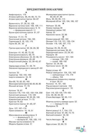 205
ПРЕДМЕТНИЙ покаЖчик
А
Амфотерність 178
Атомна орбіталь 36, 44, 66, 72, 73
Атомні кристалічні ґратки 84–87
В
Валентність 27, 28, 55, 128
Відносна густина газів 108, 109, 111
Відносна молекулярна маса 9, 10
— формульна маса 9, 11
Вузли кристалічних ґраток 81, 87
Г
Галогени 17, 51, 72
Генетичний зв’язок 194–195
Гідроксиди 8, 16, 125, 176
Групи 26, 29, 30
Ґ
Ґратки кристалічні 52, 56, 85, 90
Е
Електрон 41, 43, 68, 73, 95
Електронегативність 69, 70
Електронна оболонка 33, 43, 48, 72
Електронна формула 45–49
Енергетичний рівень 33, 39–43, 67
З
Заряд ядра атома 51, 58, 74
Значення періодичного закону 61–63
І
Ізотопи 35
Індикатор 152, 155, 169
Інертні елементи 18, 19
Й
Йон 68, 78, 82, 83, 185
Йонні кристалічні ґратки 82, 83, 85, 90
Йонний зв’язок 77, 79
К
Катіони 78, 87
Кислоти 116, 118–122, 150–154, 200
Кислотний залишок 119, 120
Кількість речовини 92, 93, 95, 100
Ковалентний зв’язок 71–75
Кристал 79, 83
Кристалічні ґратки 81–85, 87
Л
Луги 127, 167–174
Лужні елементи 15, 19, 51
М
Маса відносна молекулярна 9
— — формульна 9, 11
— молярна 97, 100, 108, 110
Масова частка елемента 10
Модель будови атома 31
Молекулярні кристалічні ґрат­
ки
82, 84, 87, 90
Моль 92, 93, 95, 113
Молярний об’єм 103, 104, 106, 107
Н
Нейтрон 32, 66
Номер періоду 39
Нормальні умови 102
Нуклід 33
Нуклонне число 33, 66
О
Ознаки реакцій 182–183
Оксиди 116–118, 121, 130–134
Основи 116, 126, 167, 173
П
Періоди 25, 28, 53, 65
Періодична система 26, 63
Періодичний закон 23, 24, 63
Підгрупи 30
Поширеність кислот 161–164
— оксидів 136–138
— солей 190–192
Протон 32, 34, 66
Протонне число 33, 58
Р
Радіус атома 43
Реакції заміщення 154, 155, 182
— нейтралізації 172, 174
— обміну 154
Розміщення елементів у періоді
й групі 58, 61
Розчини 14, 181, 185
Ряд активності металів 154
Ряд електронегативності 70
С
Солі 116, 123–125, 179–183
Спін 39, 40, 44, 66
Стала Авогадро 92, 93, 113
Ф
Фізична сутність номера групи 52
— — періоду 51–53
Фулерени 76
Х
Хімічні реакції 6, 7, 154, 172
Хімічний зв’язок 67, 68, 73–75
Хімічний елемент 34, 56
Ч
Число Авогадро 92, 96
Я
Ядро атома 32, 69, 70
 