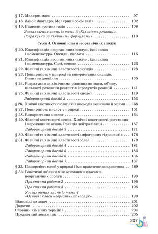 207
§ 17. Молярна маса  . . . . . . . . . . . . . . . . . . . . . . . . . . . . . . . . . . . . . . 97
§ 18. Закон Авогадро. Молярний об’єм газів  . . . . . . . . . . . . . . . . . 102
§ 19. Відносна густина газів  . . . . . . . . . . . . . . . . . . . . . . . . . . . . . . . 108
Узагальнення знань із теми 3 «Кількість речовини.
Розрахунки за хімічними формулами» . . . . . . . . . . . . . . . . . . 113
Тема 4. Основні класи неорганічних сполук
§ 20. Класифікація неорганічних сполук, їхні склад
і номенклатура. Оксиди, кислоти  . . . . . . . . . . . . . . . . . . . . . . 115
§ 21. Класифікація неорганічних сполук, їхні склад
і номенклатура. Солі, основи . . . . . . . . . . . . . . . . . . . . . . . . . . 123
§ 22. Фізичні та хімічні властивості оксидів  . . . . . . . . . . . . . . . . . 128
§ 23. Поширеність у природі та використання оксидів.
Вплив на довкілля . . . . . . . . . . . . . . . . . . . . . . . . . . . . . . . . . . 135
§ 24. Розрахунки за хімічними рівняннями маси, об’єму,
кількості речовини реагентів і продуктів реакцій . . . . . . . . . 141
§ 25. Фізичні та хімічні властивості кислот  . . . . . . . . . . . . . . . . . . 149
Ла­
бо­
ра­
тор­
ний дос­
лід 2  . . . . . . . . . . . . . . . . . . . . . . . . . . . . . . 153
§ 26. Хімічні властивості кислот, їхня взаємодія з основами й солями  . .  156
§ 27. Поширеність кислот у природі . . . . . . . . . . . . . . . . . . . . . . . . 161
§ 28. Використання кислот . . . . . . . . . . . . . . . . . . . . . . . . . . . . . . . . 164
§ 29. Фізичні властивості основ. Хімічні властивості розчинних
і нерозчинних основ. Реакція нейтралізації  . . . . . . . . . . . . . 167
Ла­
бо­
ра­
тор­
ний дос­
лід 3  . . . . . . . . . . . . . . . . . . . . . . . . . . . . . . . . . . . . .  171
§ 30. Фізичні та хімічні властивості амфотерних гідроксидів . . . . 176
§ 31. Фізичні та хімічні властивості солей  . . . . . . . . . . . . . . . . . . . 179
Ла­
бо­
ра­
тор­
ний дос­
лід 4  . . . . . . . . . . . . . . . . . . . . . . . . . . . . . . . . . . . . .  181
Ла­
бо­
ра­
тор­
ний дос­
лід 5  . . . . . . . . . . . . . . . . . . . . . . . . . . . . . . . . . . . . .  183
Ла­
бо­
ра­
тор­
ний дос­
лід 6  . . . . . . . . . . . . . . . . . . . . . . . . . . . . . . . . . . . . .  185
Ла­
бо­
ра­
тор­
ний дос­
лід 7 . . . . . . . . . . . . . . . . . . . . . . . . . . . . . . . . . . . . . .  187
§ 32. Поширеність солей у природі і їхнє практичне використання . . . 189
§ 33. Генетичні зв’язки між основними класами
неорганічних сполук  . . . . . . . . . . . . . . . . . . . . . . . . . . . . . . . . 193
Практична робота 2  . . . . . . . . . . . . . . . . . . . . . . . . . . . . . . . . 196
Практична робота 3  . . . . . . . . . . . . . . . . . . . . . . . . . . . . . . . . 198
Узагальнення знань із теми 4
«Основні класи неорганічних сполук» . . . . . . . . . . . . . . . . . . 199
Відповіді до задач  . . . . . . . . . . . . . . . . . . . . . . . . . . . . . . . . . . . . . . . 201
Додатки  . . . . . . . . . . . . . . . . . . . . . . . . . . . . . . . . . . . . . . . . . . . . . . . 202
Словник хімічних термінів . . . . . . . . . . . . . . . . . . . . . . . . . . . . . . . . 204
Предметний покажчик  . . . . . . . . . . . . . . . . . . . . . . . . . . . . . . . . . . . 205
 