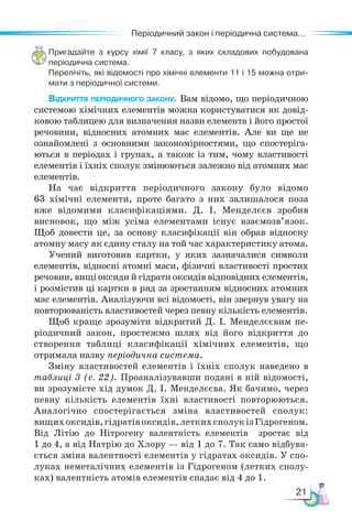 21
Періодичний закон і періодична система...
Пригадайте з курсу хімії 7 класу, з яких складових побудована
пе­
ріо­
дична система.
Перелічіть, які відомості про хімічні елементи 11 і 15 можна отри-
мати з періодичної системи.
Відкриття періодичного закону. Вам відомо, що періодичною
системою хімічних елементів можна користуватися як довід-
ковою таблицею для визначення назви елемента і його простої
речовини, відносних атомних мас елементів. Але ви ще не
ознайомлені з основними закономірностями, що спостеріга-
ються в періодах і групах, а також із тим, чому властивості
елементів і їхніх сполук змінюються залежно від атомних мас
елементів.
На час відкриття періодичного закону було відомо
63 хімічні елементи, проте багато з них залишалося поза
вже відомими класифікаціями. Д. І. Менделєєв зробив
висновок, що між усіма елементами існує взаємозв’язок.
Щоб довести це, за основу класифікації він обрав відносну
атомну масу як єдину сталу на той час характеристику атома.
Учений виготовив картки, у яких зазначалися символи
елементів, відносні атомні маси, фізичні властивості простих
речовин, вищі оксиди й гідрати оксидів відповідних елементів,
і розмістив ці картки в ряд за зростанням відносних атомних
мас елементів. Аналізуючи всі відомості, він звернув увагу на
повторюваність властивостей через певну кількість елементів.
Щоб краще зрозуміти відкритий Д. І. Менделєєвим пе-
ріодичний закон, простежмо шлях від його відкриття до
створення таблиці класифікації хімічних елементів, що
отримала назву періодична система.
Зміну властивостей елементів і їхніх сполук наведено в
таб­
лиці 3 (с. 22). Проаналізувавши подані в ній відомості,
ви зрозумієте хід думок Д. І. Менделєєва. Як бачимо, через
певну кількість елементів їхні властивості повторюються.
Аналогічно спостерігається зміна властивостей сполук:
вищихоксидів,гідратівоксидів,леткихсполукізГідрогеном.
Від Літію до Нітрогену валентність елементів зростає від
1 до 4, а від Натрію до Хлору — від 1 до 7. Так само відбува-
ється зміна валентності елементів у гідратах оксидів. У спо-
луках неметалічних елементів із Гідрогеном (летких сполу-
ках) валентність атомів елементів спадає від 4 до 1.
 