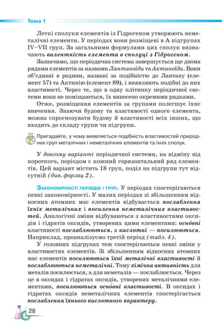 28
Тема 1
Леткі сполуки елементів із Гідрогеном утворюють неме-
талічні елементи. У періодах вони розміщені в А підгрупах
ІV–VІІ груп. За загальними формулами цих сполук визна-
чають валентність елемента в сполуці з Гідрогеном.
Зазначимо, що періодична система завершується ще двома
рядами елементів за назвами Лантаноїди та Актиноїди. Вони
об’єднані в родини, названі за подібністю до Лантану (еле-
мент 57) та Актинію (елемент 89), і виявляють подібні до них
властивості. Через те, що в одну клітинку періодичної сис-
теми вони не поміщаються, їх винесено окремими рядками.
Отже, розміщення елементів за групами полегшує їхнє
вивчення. Знаючи будову та властивості одного елемента,
можна спрогнозувати будову й властивості всіх інших, що
входять до складу групи чи підгрупи.
Пригадайте, у чому виявляється подібність властивостей природ-
них груп металічних і неметалічних елементів та їхніх сполук.
У довгому варіанті періодичної системи, на відміну від
короткого, періодом є кожний горизонтальний ряд елемен-
тів. Цей варіант містить 18 груп, поділ на підгрупи тут від-
сутній (див. форзац 2).
Закономірності періодів і груп. У періодах спостерігаються
певні закономірності. У малих періодах зі збільшенням від-
носних атомних мас елементів відбувається послаб­
лення
їхніх металічних і посилення неметалічних властивос-
тей. Аналогічні зміни відбуваються з властивостями окси-
дів і гідратів оксидів, утворених цими елементами: основні
властивості послаблюються, а кислотні — посилюються.
Наприклад, проаналізуємо третій період (табл. 4).
У головних підгрупах теж спостерігаються певні зміни у
властивостях елементів. Зі збільшенням відносних атомних
мас елементів посилюються їхні металічні властивості й
послаблюються неметалічні. Тому хімічна активність для
металів посилюється, а для неметалів — послаблюється. Через
це в оксидах і гідратах оксидів, утворених металічними еле-
ментами, посилюються основні властивості. В оксидах і
гідратах оксидів неметалічних елементів спостерігається
послаблення їхнього кислотного характеру.
 