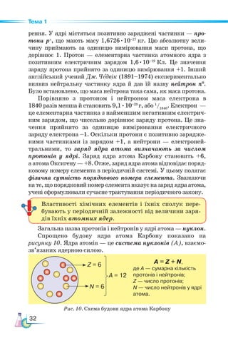 32
Тема 1
рення. У ядрі містяться позитивно заряджені частинки — про-
тони р+
, що мають масу 1,6726•10–27
кг. Цю абсолютну вели-
чину приймають за одиницю вимірювання маси протона, що
дорівнює 1. Протон — елементарна частинка атомного ядра з
позитивним електричним зарядом 1,6•10–19
Кл. Це значення
заряду протона прийнято за одиницю вимірювання +1. Інший
англійський учений Дж. Чедвік (1891–1974) експериментально
виявив нейтральну частинку ядра й дав їй назву нейтрон n0
.
Було встановлено, що маса нейтрона така сама, як маса протона.
Порівняно з протоном і нейтроном маса електрона в
1840 разів менша й становить 9,1•10–28
г, або 1
/1840
. Електрон —
це елементарна частинка з найменшим негативним електрич-
ним зарядом, що чисельно дорівнює заряду протона. Це зна-
чення прийнято за одиницю вимірювання електричного
заряду електрона –1. Оскільки протони є позитивно зарядже-
ними частинками із зарядом +1, а нейтрони — електроней-
тральними, то заряд ядра атома визначають за числом
протонів у ядрі. Заряд ядра атома Карбону становить +6,
а атома Оксигену—+8.Отже,зарядядраатомавідповідаєпоряд-
ковому номеру елемента в періодичній системі. У цьому полягає
фізична сутність порядкового номера елемента. Зважаючи
на те, що порядковий номер елемента вказує на заряд ядра атома,
учені сформулювали сучасне трактування періодичного закону.
A = 12
N = 6
Z = 6 А = Z + N,
де А — сумарна кількість
протонів і нейтронів;
Z — число протонів;
N — число нейтронів у ядрі
атома.
Рис. 10. Схема будови ядра атома Карбону
Властивості хімічних елементів і їхніх сполук пере-
бувають у періодичній залежності від величини заря-
дів їхніх атомних ядер.
Загальна назва протонів і нейтронів у ядрі атома — нуклон.
Спрощено будову ядра атома Карбону показано на
рисунку 10. Ядра атомів — це система нуклонів (A), взаємо­
зв’я­
заних ядерною силою.
 