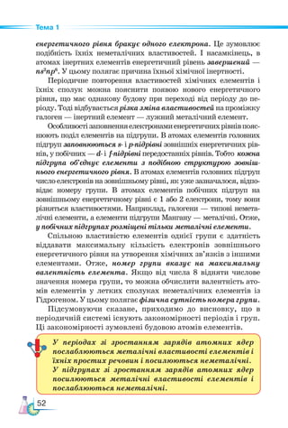 52
Тема 1
енергетичного рівня бракує одного електрона. Це зумовлює
подібність їхніх неметалічних властивостей. І насамкінець, в
атомах інертних елементів енергетичний рівень завершений —
ns2
np6
. У цьому полягає причина їхньої хімічної інертності.
Пе­
ріодичне повторення властивостей хімічних елементів і
їхніх сполук можна пояснити появою нового енергетичного
рівня, що має однакову будову при переході від періоду до пе-
ріоду.Тодівідбуваєтьсярізказмінавластивостейнапроміжку
галоген — інертний елемент — лужний металічний елемент.
Особливостізаповненняелектронамиенергетичнихрівнівпояс-
нюють поділ елементів на підгрупи. В атомах елементів голов­
них
підгруп заповнюються s- і р-підрівні зовнішніх енергетичних рів-
нів,упобічних—d-і f-підрівніпередостанніхрівнів.Тобто кожна
підгрупа об’єднує елементи з подібною структурою зовніш-
нього енергетичного рівня. В атомах елементів головних підгруп
число електронів на зовнішньому рівні, як уже зазначалося, відпо-
відає номеру групи. В атомах елементів побічних підгруп на
зовнішньому енергетичному рівні є 1 або 2 електрони, тому вони
різняться властивостями. Наприклад, галогени — типові немета-
лічні елементи, а елементи підгрупи Мангану — металічні. Отже,
у побічних підгрупах розміщені тільки металічні елементи.
Спільною властивістю елементів однієї групи є здатність
віддавати максимальну кількість електронів зовнішнього
енергетичного рівня на утворення хімічних зв’язків з іншими
елементами. Отже, номер групи вказує на максимальну
валентність елемента. Якщо від числа 8 відняти числове
значення номера групи, то можна обчислити валентність ато-
мів елементів у летких сполуках неметалічних елементів із
Гідрогеном.Уцьомуполягаєфізичнасутністьномерагрупи.
Підсумовуючи сказане, приходимо до висновку, що в
періодичній системі існують закономірності періодів і груп.
Ці закономірності зумовлені будовою атомів елементів.
У періодах зі зростанням зарядів атомних ядер
послаблюються металічні властивості елементів і
їхніх простих речовин і посилюються неметалічні.
У підгрупах зі зростанням зарядів атомних ядер
посилюються металічні властивості елементів і
послаблюються неметалічні.
 