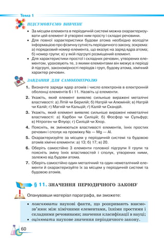 60
Тема 1
ПІД­
СУ­
МО­
ВУ­
Є­
МО  ВИВЧЕНЕ
• За місцем елемента в періодичній системі можна охарактеризу-
вати цей елемент й утворені ним просту і складні речовини.
• Для повної характеристики будови атома необхідно володіти
інформацією про фізичну сутність періодичного закону, зокрема:
а) порядковий номер елемента, що вказує на заряд ядра атома;
б) номер групи; в) у якій підгрупі розміщений елемент.
• Для характеристики простої і складних речовин, утворених еле-
ментом, ураховують те, з якими елементами він межує в періоді
й підгрупі, закономірності періодів і груп, будову атома, хімічний
характер речовин.
ЗАВ­
ДАН­
НЯ  ДЛЯ  СамоКОН­
ТРО­
ЛЮ
1. Визначте заряди ядер атомів і число електронів в електронній
оболонці елементів 6 і 11. Назвіть ці елементи.
2. Укажіть, який елемент виявляє сильніше виражені металічні
властивості: а) Літій чи Берилій; б) Натрій чи Алюміній; в) Натрій
чи Калій; г) Магній чи Кальцій; ґ) Калій чи Скандій.
3. Укажіть, який елемент виявляє сильніше виражені неметалічні
властивості: а) Карбон чи Силіцій; б) Фосфор чи Сульфур;
в) Нітроген чи Флуор; г) Силіцій чи Хлор.
4. Поясніть, як змінюються властивості елементів, їхніх простих
речовин і сполук на проміжку Na — Mg — Al.
5. Охарактеризуйте за місцем у періодичній системі та будовою
атомів хімічні елементи: а) 13; б) 17; в) 20.
6. Оберіть самостійно 3 елементи головної підгрупи ІІ групи та
пояс­
ніть зміну їхніх властивостей і сполук, утворених ними,
залежно від будови атома.
7. Оберіть самостійно один металічний та один неметалічний еле-
менти й охарактеризуйте їх за місцем у періодичній системі та
будовою атомів.
§ 11. ЗНАЧЕННЯ  ПЕРІОДИЧНОГО  ЗАКОНУ
Опанувавши матеріал параграфа, ви зможете:
• пояснювати наукові факти, що розкривають взаємо­
зв’яз­
ок між хімічними елементами, їхніми простими і
складними речовинами; значення класифікації в науці;
• оцінювати наукове значення періодичного закону.
 