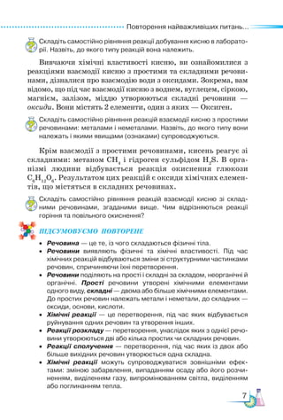 Повторення найважливіших питань...
7
Складіть самостійно рівняння реакції добування кисню в лаборато-
рії. Назвіть, до якого типу реакцій вона належить.
Вивчаючи хімічні властивості кисню, ви ознайомилися з
реакціями взаємодії кисню з простими та складними речови-
нами, ді­
зналися про взаємодію води з оксидами. Зокрема, вам
відомо, що під час взаємодії кисню з воднем, вуглецем, сіркою,
магнієм, залізом, міддю утворюються складні речовини —
оксиди. Вони містять 2 елементи, один з яких — Оксиген.
Складіть самостійно рівняння реакцій взаємодії кисню з простими
речовинами: металами і неметалами. Назвіть, до якого типу вони
належать і якими явищами (ознаками) супроводжуються.
Крім взаємодії з простими речовинами, кисень реагує зі
складними: метаном СН4
і гідроген сульфідом H2
S. В орга-
нізмі людини відбувається реакція окиснення глюкози
С6
Н12
О6
. Результатом цих реакцій є оксиди хімічних елемен-
тів, що містяться в складних речовинах.
Складіть самостійно рівняння реакцій взаємодії кисню зі склад-
ними речовинами, згаданими вище. Чим відрізняються реакції
горіння та повільного окиснення?
ПІД­
СУ­
МО­
ВУ­
Є­
МО  ПОвторене
• Речовина — це те, із чого складаються фізичні тіла.
• Речовини виявляють фізичні та хімічні властивості. Під час
хімічних реакцій відбуваються зміни зі структурними частинками
речовин, спричиняючи їхні перетворення.
• Речовини поділяють на прості і складні за складом, неорганічні й
органічні. Прості речовини утворені хімічними елементами
одного виду, складні — двома або більше хімічними елементами.
До простих речовин належать метали і неметали, до складних —
оксиди, основи, кислоти.
• Хімічні реакції — це перетворення, під час яких відбувається
руйнування одних речовин та утворення інших.
• Реакції розкладу — перетворення, унаслідок яких з однієї речо-
вини утворюються дві або кілька простих чи складних речовин.
• Реакції сполучення — перетворення, під час яких із двох або
більше вихідних речовин утворюється одна складна.
• Хімічні реакції можуть супроводжуватися зовнішніми ефек-
тами: зміною забарвлення, випаданням осаду або його розчи-
ненням, виділенням газу, випромінюванням світла, виділенням
або поглинанням тепла.
 