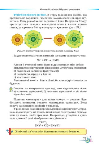 79
Хімічний зв’язок і будова речовини
Утворення йонного зв’язку. З курсу фізики вам відомо, що
протилежно заряджені частинки мають здатність притягу-
ватися. Тому різнойменно заряджені йони Натрію та Хлору
притягуються завдяки електростатичним силам притя-
гання, утворюючи йонну сполуку — кристал (рис. 31).
За допомогою хімічних символів цю схему записують так:
Na+
+ Cl–
→ NaCl.
Атоми й утворені ними йони відрізняються між собою:
а) кількістю енергетичних рівнів (йони металічних елементів);
б) розмірами частинок (радіусами);
в) наявністю зарядів у йонів;
г) властивостями.
Властивості атомів і йонів різні, бо вони відрізняються за
будовою.
Поясніть на конкретному прикладі, чим відрізняються йони:
а) по­
зитивно заряджений; б) негативно заряджений — від відпо-
відних їм атомів.
Поняття «молекула» для таких сполук — умовне. Зде-
біль­
шого вживають поняття «формульна одиниця». Вона
вказує на відношення йонів у сполуці.
У рівняннях реакцій перехід електронів позначають стріл-
кою, що виходить від атома, який віддає електрони, і спрямо-
вана до атома, що їх приєднує. Наприклад, утворення крис-
тала кухонної солі відображає таке рівняння:
2Na0
+ Cl2
= 2Na+
Cl–
.
Рис. 31. Схема утворення кристала натрій хлориду NaCl
2e
0
Хімічний зв’язок між йонами називають йонним.
+ +
 