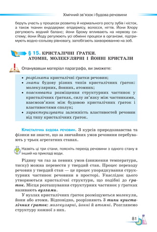 81
Хімічний зв’язок і будова речовини
беруть участь у процесах розвитку й нормального росту зубів і кісток,
а також тканин ендодерми: епідермісу, волосся, нігтів. Йони Хлору
регулюють водний баланс; йони Брому впливають на нервову си-
стему; йони Йоду регулюють усі обмінні процеси в організмі, підтри-
мують водно-сольову рівновагу, запобігають захворюванню на зоб.
§ 15. КРИСТАЛІЧНІ  ҐРАТКИ.­
АТОМНІ,  МОЛЕКУЛЯР­
НІ  І  ЙОННІ  КРИСТАЛИ
Опанувавши матеріал параграфа, ви зможете:
• розрізняти кристалічні ґратки речовин;
• знати будову різних типів кристалічних ґраток:
молекулярних, йонних, атомних;
• пояснювати розміщення структурних частинок у
кристалічних ґратках, силу зв’язку між частинками,
взає­
мо­
зв’язок між будовою кристалічних ґраток і
властивостями сполук;
• характеризувати залежність властивостей речовин
від типу кристалічних ґраток.
Кристалічна будова речовин. З курсів природознавства та
фізики ви знаєте, що за звичайних умов речовини перебува-
ють у трьох агрегатних станах.
Назвіть ці три стани, поясніть перехід речовини з одного стану в
інший на прикладі води.
Рідину чи газ за певних умов (зниження температури,
тиску) можна перевести у твердий стан. Процес переходу
речовин у твердий стан — це процес упорядкування струк-
турних частинок речовини в просторі. Унаслідок цього
утворюються кристалічні структури, що подібні до ґра-
ток. Місця розташування структурних частинок у ґратках
називають вузлами.
У вузлах кристалічних ґраток розміщуються молекули,
йони або атоми. Відповідно, розрізняють 3 типи криста-
лічних ґраток: молекулярні, йонні й атомні. Розглянемо
структуру кожної з них.
 