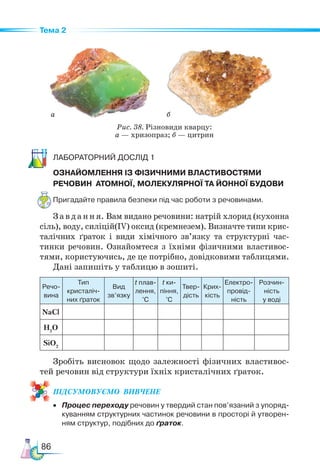 86
Тема 2
Ла­бо­ра­тор­ний дос­лід 1
Ознайомлення Із фізичними властивостями
речо­вин атомної, молекулярної та йонної будови
Пригадайте правила безпеки під час роботи з речовинами.
Завдання. Вам видано речовини: натрій хлорид (кухонна
сіль), воду, силіцій(ІV) оксид (кремнезем). Визначте типи крис-
талічних ґраток і види хімічного зв’язку та структурні час-
тинки речовин. Ознайомтеся з їхніми фізичними властивос-
тями, користуючись, де це потрібно, довідковими таблицями.
Дані запишіть у таблицю в зошиті.
Речо-
вина
Тип
кристаліч-
них ґраток
Вид
зв’язку
t плав-
лення,
°С
t ки­­
пін­
ня,
°С
Твер-
дість
Крих-
кість
Електро-
провід-
ність
Розчин-
ність
у воді
NaCl
H2
O
SiO2
Зробіть висновок щодо залежності фізичних властивос-
тей речовин від структури їхніх кристалічних ґраток.
ПІД­
СУ­
МО­
ВУ­
Є­
МО  ВИВЧЕНЕ
• Процес переходу речовин у твердий стан пов’язаний з упоряд-
куванням структурних частинок речовини в просторі й утворен-
ням структур, подібних до ґраток.
б
Рис. 38. Різновиди кварцу:
а — хризопраз; б — цитрин
а
 