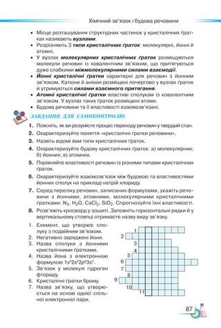 87
Хімічний зв’язок і будова речовини
• Місце розташування структурних частинок у кристалічних ґрат-
ках називають вузлами.
• Розрізняють 3 типи кристалічних ґраток: молекулярні, йонні й
атомні.
• У вузлах молекулярних кристалічних ґраток розміщуються
молекули речовин із ковалентним зв’язком, що притягуються
дуже слабкими міжмолекулярними силами взаємодії.
• Йонні кристалічні ґратки характерні для речовин з йонним
зв’язком. Катіони й аніони розміщені почергово у вузлах ґраток
й утримуються силами взаємного притягання.
• Атомні кристалічні ґратки властиві сполукам із ковалентним
зв’язком. У вузлах таких ґраток розміщені атоми.
• Будова речовини та її властивості взаємозв’язані.
ЗАВ­
ДАН­
НЯ  ДЛЯ  СамоКОН­
ТРО­
ЛЮ
1. Поясніть, як ви розумієте процес переходу речовин у твердий стан.
2. Охарактеризуйте поняття «кристалічні ґратки речовини».
3. Назвіть відомі вам типи кристалічних ґраток.
4. Охарактеризуйте будову кристалічних ґраток: а) молекулярних;
б) йонних; в) атомних.
5. Порівняйте властивості речовин із різними типами кристалічних
ґраток.
6. Охарактеризуйте взаємозв’язок між будовою та властивостями
йонних сполук на прикладі натрій хлориду.
7. Серед переліку речовин, записаних формулами, укажіть речо-
вини з йонними, атомними, молекулярними кристалічними
ґратками: N2, H2O, CaCl2, SiO2. Спрогнозуйте їхні властивості.
8. Розв’яжіть кросворд у зошиті. Заповніть горизонтальні рядки й у
вертикальному стовпці отримаєте назву виду зв’язку.
1. Елемент, що утворює спо-
луку з подвійним зв’язком.
2. Негативно заряджені йони.
3. Назва сполуки з йонними
кристалічними ґратками.
4. Назва йона з електронною
формулою 1s2
2s2
2p6
3s2
.
5. Зв’язок у молекулі гідроген
фториду.
6. Кристалічні ґратки брому.
7. Назва зв’язку, що утворю-
ється на основі однієї спіль-
ної електронної пари.
1
2
3
4
5
6
7
8
9
10
11
 