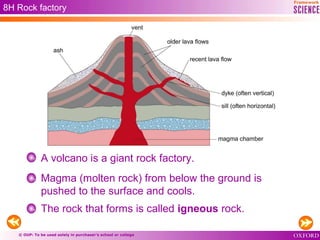 © OUP: To be used solely in purchaser’s school or college
8H Rock factory
A volcano is a giant rock factory.
Magma (molten rock) from below the ground is
pushed to the surface and cools.
The rock that forms is called igneous rock.
 