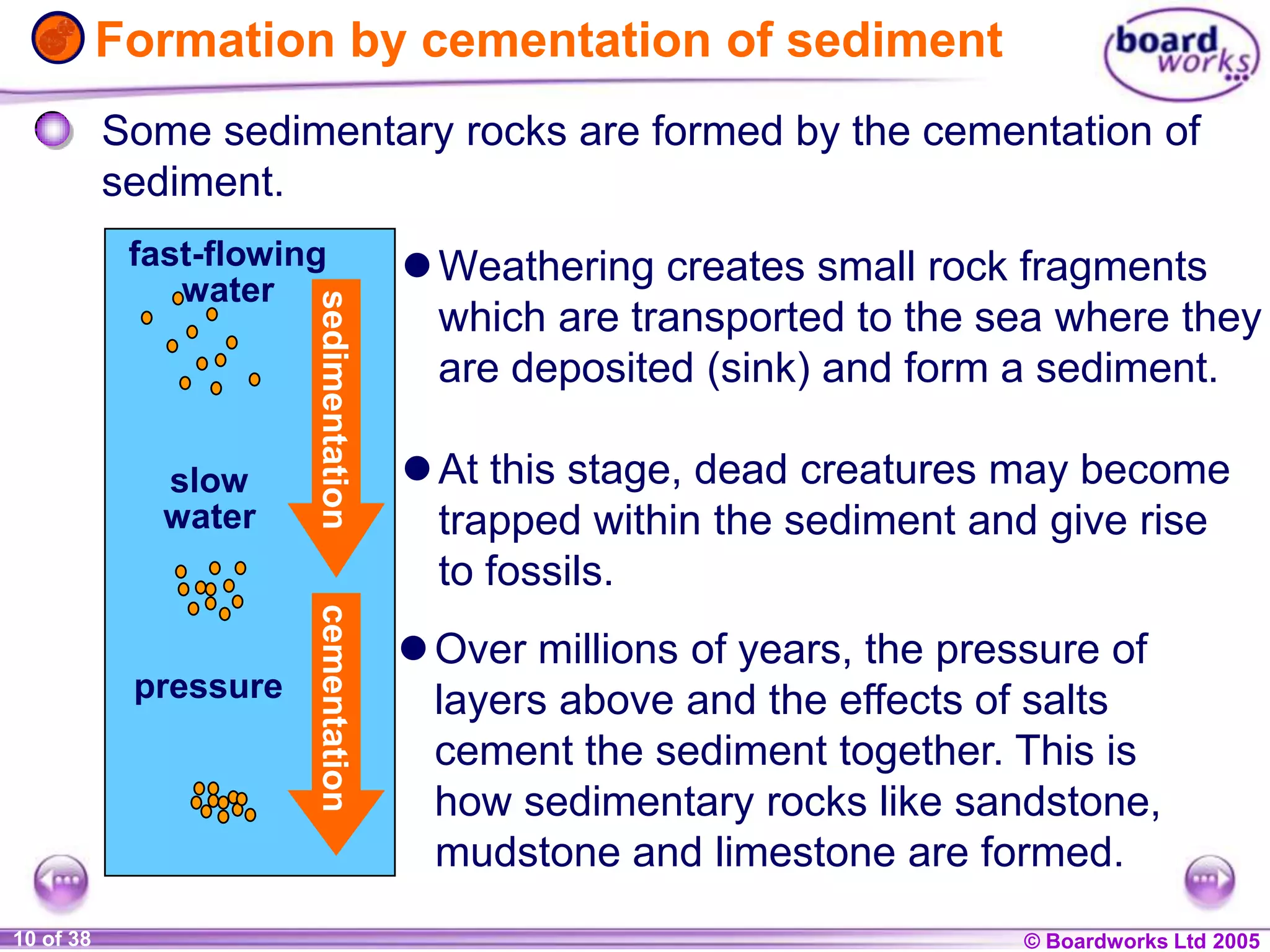 © Boardworks Ltd 20041 of 20 © Boardworks Ltd 200510 of 38
Weathering creates small rock fragments
which are transported to the sea where they
are deposited (sink) and form a sediment.
At this stage, dead creatures may become
trapped within the sediment and give rise
to fossils.
Over millions of years, the pressure of
layers above and the effects of salts
cement the sediment together. This is
how sedimentary rocks like sandstone,
fast-flowing
water
slow
water
pressure
sedimentationcementation
Formation by cementation of sediment
Some sedimentary rocks are formed by the cementation of
sediment.
mudstone and limestone are formed.
 