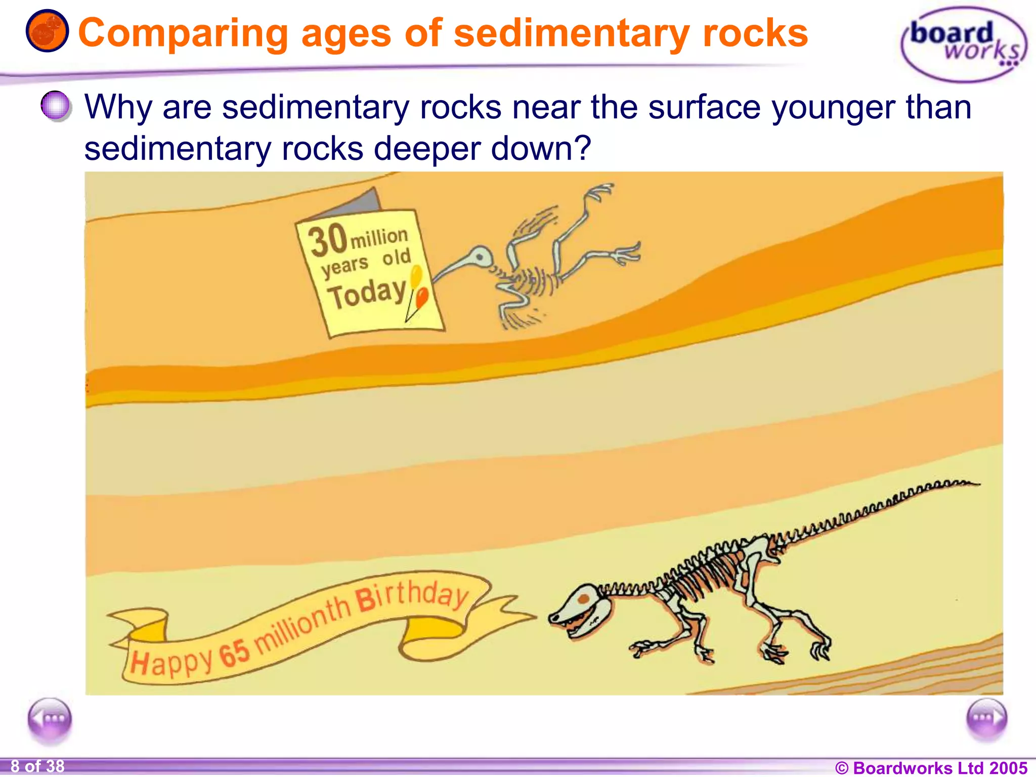 © Boardworks Ltd 20041 of 20 © Boardworks Ltd 20058 of 38
Comparing ages of sedimentary rocks
Why are sedimentary rocks near the surface younger than
sedimentary rocks deeper down?
 
