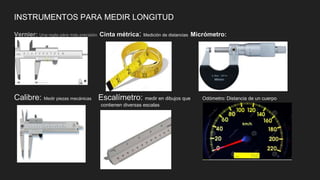 INSTRUMENTOS PARA MEDIR LONGITUD
Vernier: Una regla pàra más precisión Cinta métrica: Medición de distancias Micrómetro:
Calibre: Medir piezas mecánicas Escalímetro: medir en dibujos que Odómetro: Distancia de un cuerpo
contienen diversas escalas
 