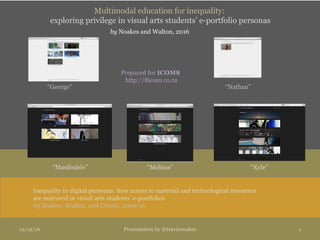 Multimodal education for inequality:
exploring privilege in visual arts students’ e-portfolio personas
by Noakes and Walton, 2016
“George”
“Kyle”“Masibulele” “Melissa”
“Nathan”
12/12/16 Presentation by @travisnoakes 1
Prepared for ICOM8
http://8icom.co.za
Inequality in digital personas: how access to material and technological resources
are mirrored in visual arts students’ e-portfolios
by Noakes, Walton, and Cronje, 2009-16
 