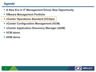 Agenda

   A New Era in IT Management Drives New Opportunity
   VMware Management Portfolio
   vCenter Operations Standard (VCOps)
   vCenter Configuration Management (VCM)
   vCenter Application Discovery Manager (ADM)
   VCM demo
   ADM demo




10
 