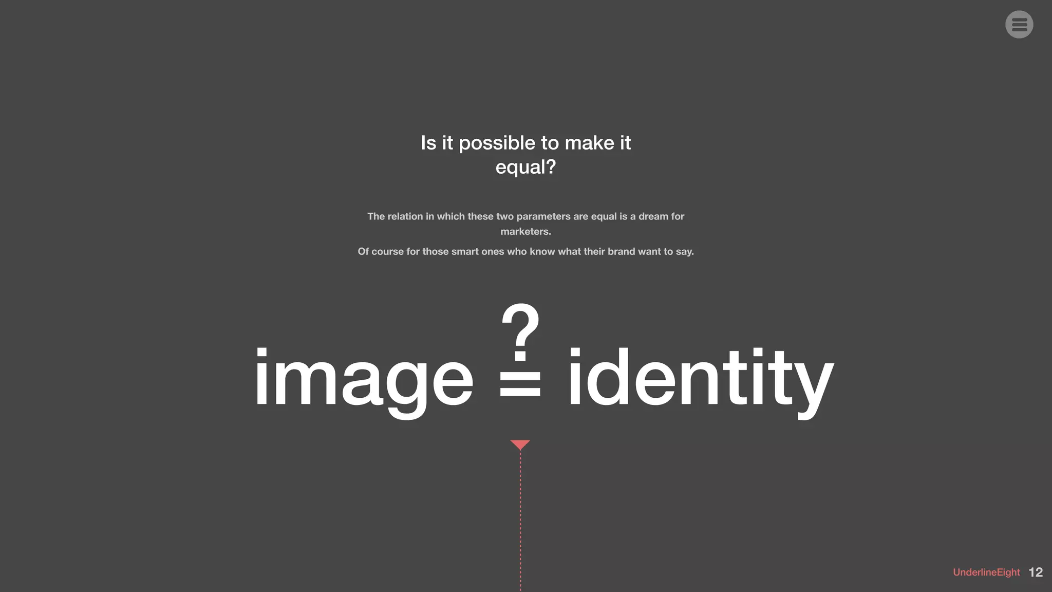 UnderlineEight
Is it possible to make it
equal?
The relation in which these two parameters are equal is a dream for
marketers.
Of course for those smart ones who know what their brand want to say.
image = identity
12
?
 