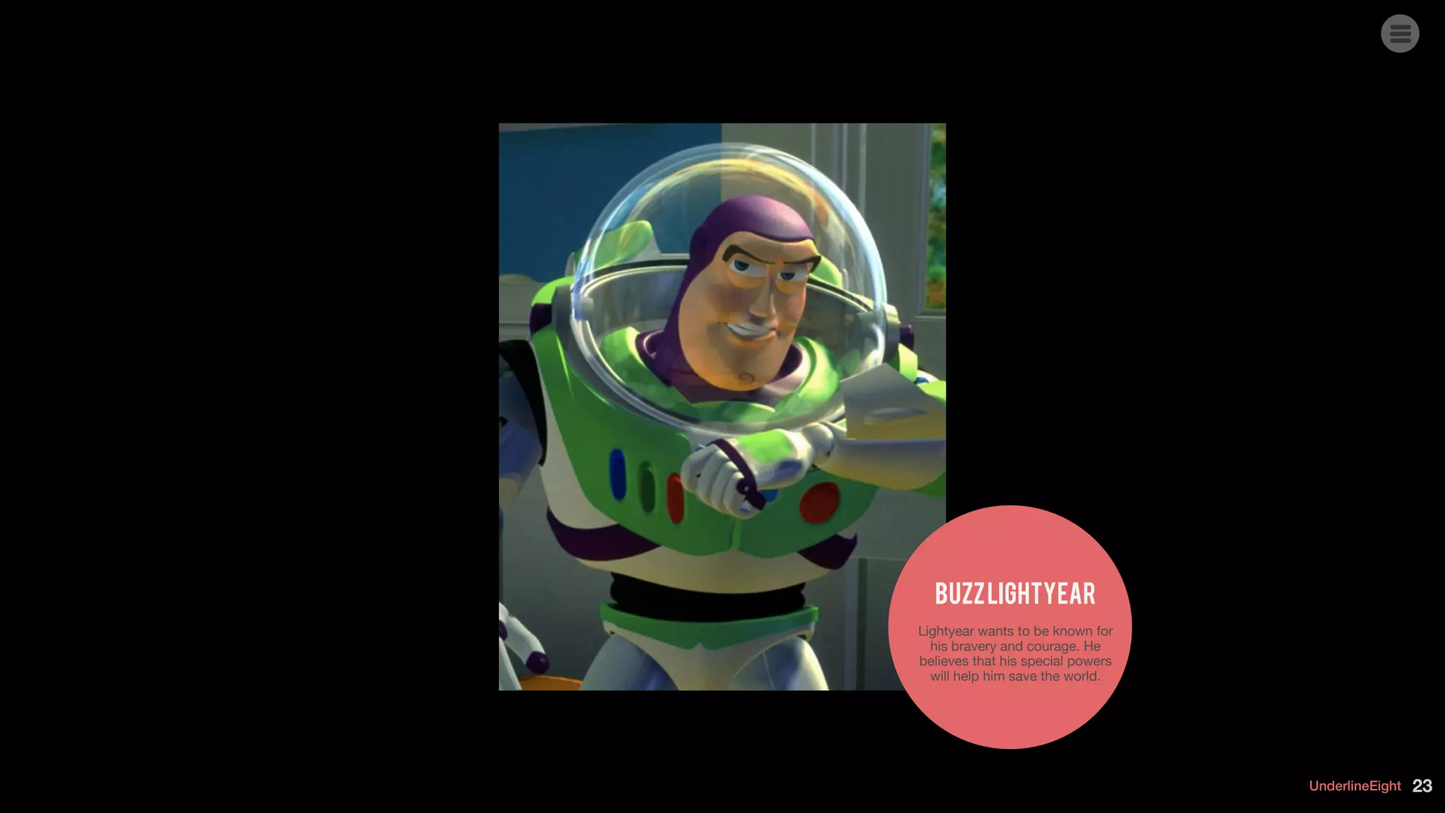 UnderlineEight 23
Lightyear wants to be known for
his bravery and courage. He
believes that his special powers
will help him save the world.
BuzzLightyear
 
