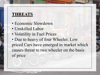 THREATS
• Economic Slowdown
• Unskilled Labor
• Volatility in Fuel Prices
• Due to heavy of four Wheeler, Low
priced Cars have emerged in market which
causes threat to two wheeler on the basis
of price
 