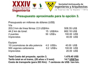 Presupuesto aproximado para la opción 3.
Presupuesto en millones de dólares (US$)
Vía
203.3 km de línea férrea: 2,5 US$/Km 508.35 US$
44.2 km de túnel: 15 US$/Km 662.10 US$
2 puentes 50 US$/u 100.00 US$
Imprevistos 40.00 US$
Equipos
10 Locomotoras de alta potencia 4.0 US$/u 40.00 US$
500 vagones carboneros 0.2 US$/u 100.00 US$
Imprevistos 20.00 US$
Total Costo del proyecto, opción 3. 1.470.45 US$
Tarifa total en el tramo, (20 años x 5´mmt) 14.7 US$/Ton
Costo de transporte (para 203 Km): 7 centavos de US$ / ton km.
 