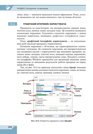 210
Р
о
зділ 5. Алгоритми та програми
лінію, інша — виконати виділення певного фрагмента. Отже, мето-
ди визначають дії, які можна виконати з тим чи іншим об’єктом.
51.2. ГРАФІЧНИЙ ІНТЕРФЕЙС КОРИСТУВАЧА
Працюючи за комп’ютером, ми використовуємо екранні вікна,
текстові поля, кнопки, меню, вкладки тощо. Ці елементи називають
елементами керування. Сукупність елементів керування, з якими
взаємодіє користувач, називають графічним інтерфейсом корис-
тувача.
Отже, графічний інтерфейс користувача — це візуалізова-
ний засіб взаємодії програми з користувачем.
Елементи керування є об’єктами, що характеризуються власти-
востями і методами. До елементів керування, які використовуються
для підтримки діалогу з користувачем при виконанні програми, на-
лежать меню, вкладки, текстові поля, командні кнопки, перемикачі,
поля вибору, списки, смуги прокручування тощо. Більшість елемен-
тів інтерфейсу Windows призначені для організації введення даних
користувачем та виведення результатів роботи програми на екран,
папір або у файл.
Так, на рис. 51.2 на прикладі діалогового вікна Шрифт показано
використання деяких основних елементів керування, таких, як вклад-
ки, текстові поля, списки, прапорці, написи, кнопки.
Текстове
поле
Список
Кнопка
Вкладка
Напис
Прапорець
Поле зі
списком
Рис. 51.2. Елементи керування у вікні Шрифт
 