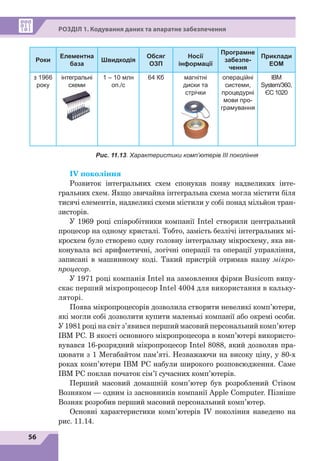 56
РОЗДІЛ 1. Кодування даних та апаратне забезпечення
Роки
Елементна
база
Швидкодія
Обсяг
ОЗП
Носії
інформації
Програмне
забезпе­
чення
Приклади
ЕОМ
з 1966
року
інтегральні
схеми
1 – 10 млн
оп./с
64 Кб магнітні
диски та
стрічки
операційні
системи,
процедурні
мови про-
грамування
IBM
System/360,
ЄС 1020
Рис. 11.13. Характеристики комп’ютерів ІІІ покоління
IV покоління
Розвиток інтегральних схем спонукав появу надвеликих інте-
гральних схем. Якщо звичайна інтегральна схема могла містити біля
тисячі елементів, надвеликі схеми містили у собі понад мільйон тран-
зисторів.
У 1969 році співробітники компанії Intel створили центральний
процесор на одному кристалі. Тобто, замість безлічі інтегральних мі-
кросхем було створено одну головну інтегральну мікросхему, яка ви-
конувала всі арифметичні, логічні операції та операції управління,
записані в машинному коді. Такий пристрій отримав назву мікро-
процесор.
У 1971 році компанія Intel на замовлення фірми Busicom випу-
скає перший мікропроцесор Intel 4004 для використання в кальку-
ляторі.
Поява мікропроцесорів дозволила створити невеликі комп’ютери,
які могли собі дозволити купити маленькі компанії або окремі особи.
У 
1981 році на світ з’явився перший масовий персональний комп’ютер
IBM PC. В якості основного мікропроцесора в комп’ютері використо-
вувався 16-розрядний мікропроцесор Intel 8088, який дозволяв пра-
цювати з  1  Мегабайтом пам’яті. Незважаючи на високу ціну, у 80-х
роках комп’ютери IBM PC набули широкого розповсюдження. Саме
IBM PC поклав початок сім’ї сучасних комп’ютерів.
Перший масовий домашній комп’ютер був розроблений Стівом
Возняком — одним із засновників компанії Apple Computer. Пізніше
Возняк розробив перший масовий персональний комп’ютер.
Основні характеристики комп’ютерів ІV покоління наведено на
рис. 11.14.
 