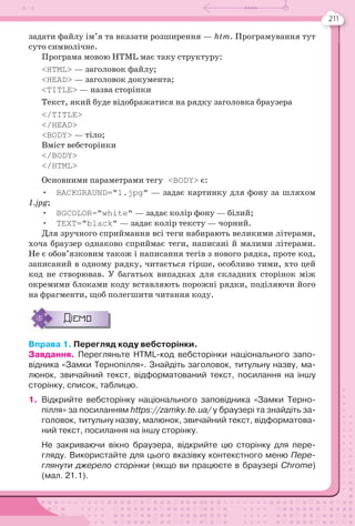 211
задати файлу ім’я та вказати розширення — htm. Програмування тут
суто символічне.
Програма мовою HTML має таку структуру:
<HTML> — заголовок файлу;
<HEAD> — заголовок документа;
<TITLE> — назва сторінки
Текст, який буде відображатися на рядку заголовка браузера
</TITLE>
</HEAD>
<BODY> — тіло;
Вміст вебсторінки
</BODY>
</HTML>
Основними параметрами тегу <BODY> є:
• BACKGRAUND="1.jpg" — задає картинку для фону за шляхом
1.jpg;
• BGCOLOR="white" — задає колір фону — білий;
• TEXT="black" — задає колір тексту — чорний.
Для зручного сприймання всі теги набирають великими літерами,
хоча браузер однаково сприймає теги, написані й малими літерами.
Не є обов’язковим також і написання тегів з нового рядка, проте код,
записаний в одному рядку, читається гірше, особливо тими, хто цей
код не створював. У багатьох випадках для складних сторінок між
окремими блоками коду вставляють порожні рядки, поділяючи його
на фрагменти, щоб полегшити читання коду.
Діємо
Вправа 1. Перегляд коду вебсторінки.
Завдання. Перегляньте HTML-код вебсторінки національного запо-
відника «Замки Тернопілля». Знайдіть заголовок, титульну назву, ма-
люнок, звичайний текст, відформатований текст, посилання на іншу
сторінку, список, таблицю.
1. Відкрийте вебсторінку національного заповідника «Замки Терно-
пілля» за посиланням https://zamky.te.ua/ у браузері та знайдіть за-
головок, титульну назву, малюнок, звичайний текст, відформатова-
ний текст, посилання на іншу сторінку.
Не закриваючи вікно браузера, відкрийте цю сторінку для пере-
гляду. Використайте для цього вказівку контекстного меню Пере-
глянути джерело сторінки (якщо ви працюєте в браузері Chrome)
(мал. 21.1).
 