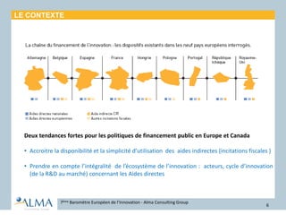 LE CONTEXTE
7ème Baromètre Européen de l’Innovation - Alma Consulting Group
6
Deux tendances fortes pour les politiques de financement public en Europe et Canada
• Accroitre la disponibilité et la simplicité d’utilisation des aides indirectes (incitations fiscales )
• Prendre en compte l’intégralité de l’écosystème de l’innovation : acteurs, cycle d’innovation
(de la R&D au marché) concernant les Aides directes
 