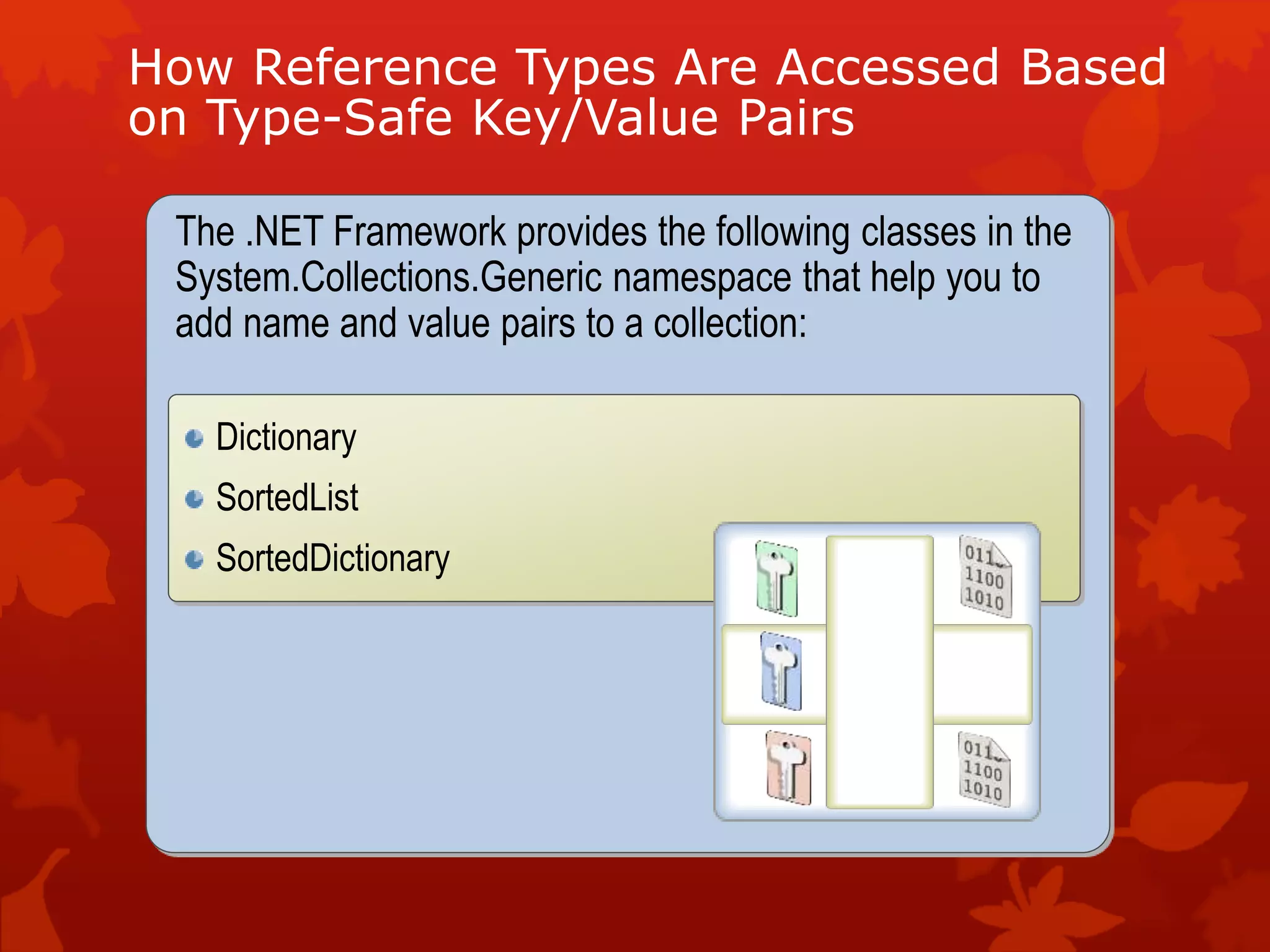 How Reference Types Are Accessed Based
on Type-Safe Key/Value Pairs
The .NET Framework provides the following classes in the
System.Collections.Generic namespace that help you to
add name and value pairs to a collection:
Dictionary
SortedList
SortedDictionary
 