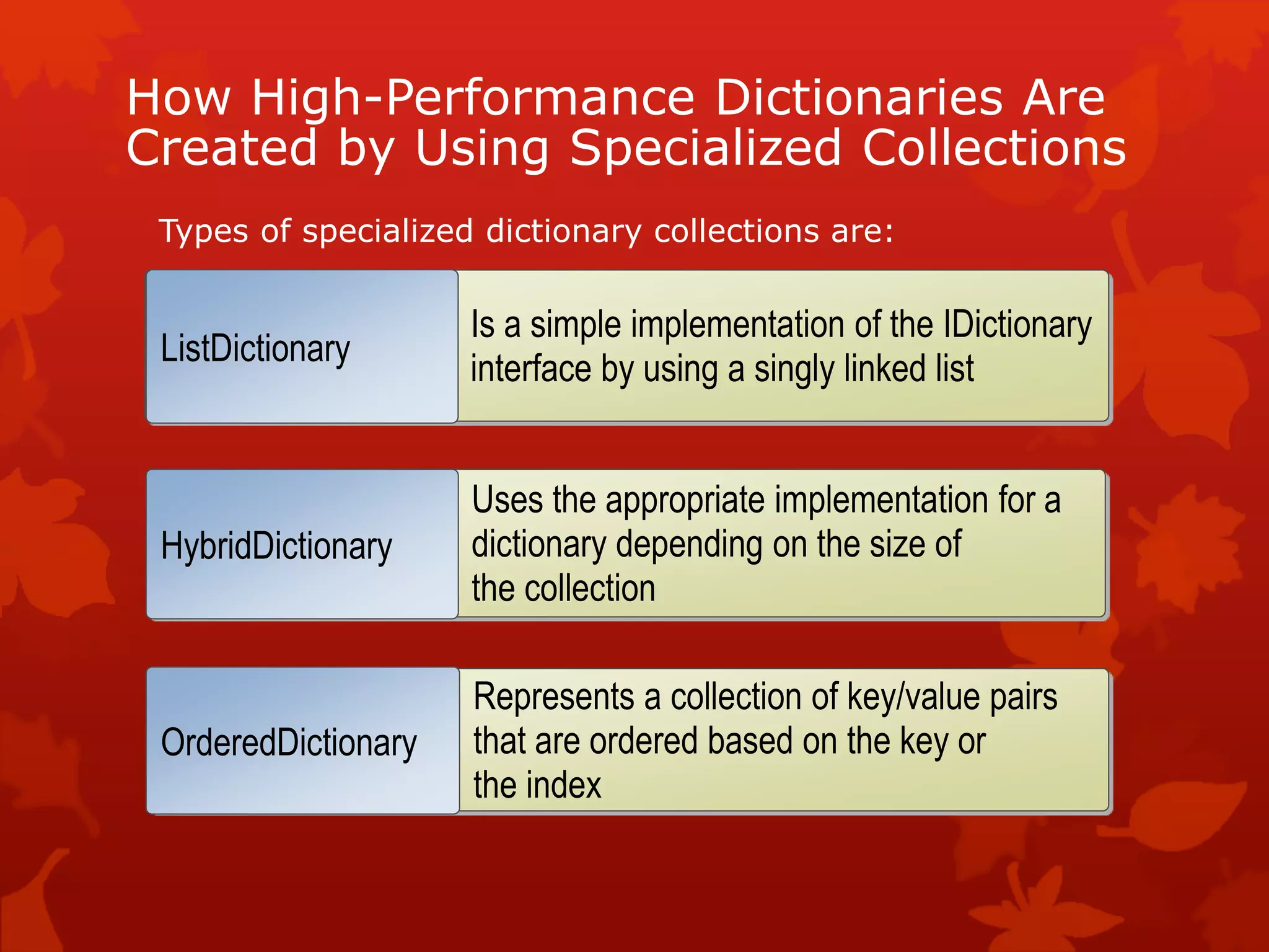 How High-Performance Dictionaries Are
Created by Using Specialized Collections
Types of specialized dictionary collections are:
Is a simple implementation of the IDictionary
interface by using a singly linked list
ListDictionary
Uses the appropriate implementation for a
dictionary depending on the size of
the collection
HybridDictionary
Represents a collection of key/value pairs
that are ordered based on the key or
the index
OrderedDictionary
 