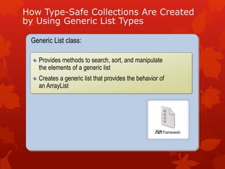 How Type-Safe Collections Are Created
by Using Generic List Types
Generic List class:
Provides methods to search, sort, and manipulate
the elements of a generic list
Creates a generic list that provides the behavior of
an ArrayList
 