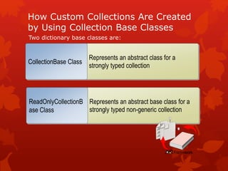 How Custom Collections Are Created
by Using Collection Base Classes
Two dictionary base classes are:
Represents an abstract class for a
strongly typed collection
CollectionBase Class
Represents an abstract base class for a
strongly typed non-generic collection
ReadOnlyCollectionB
ase Class
 