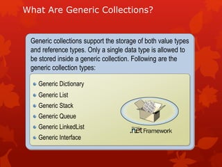 What Are Generic Collections?
Generic collections support the storage of both value types
and reference types. Only a single data type is allowed to
be stored inside a generic collection. Following are the
generic collection types:
Generic Dictionary
Generic List
Generic Stack
Generic Queue
Generic LinkedList
Generic Interface
 