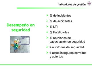 Indicadores de gestión



                % de incidentes
                % de accidentes
Desempeño en    % LTI
  seguridad     % Fatalidades
                % reuniones de
                 capacitación en seguridad
                # auditorias de seguridad
                # actos inseguros cerrados
                 y abiertos
 