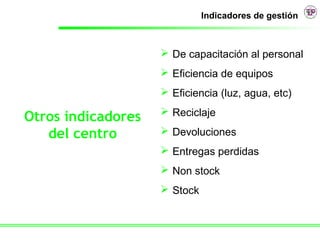 Indicadores de gestión



                     De capacitación al personal
                     Eficiencia de equipos
                     Eficiencia (luz, agua, etc)
                     Reciclaje
Otros indicadores
   del centro        Devoluciones
                     Entregas perdidas
                     Non stock
                     Stock
 