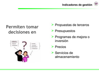 Indicadores de gestión




                  Propuestas de terceros
Permiten tomar
                  Presupuestos
 decisiones en
                  Programas de mejora o
                   inversión
                  Precios
                  Servicios de
                   almacenamiento
 