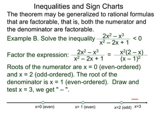 Inequalities and Sign Charts
The theorem may be generalized to rational formulas
that are factorable, that is, both the numerator and
the denominator are factorable.
Example B. Solve the inequality 2x2 – x3
x2 – 2x + 1
< 0
Factor the expression: 2x2 – x3
x2 – 2x + 1
= x2(2 – x)
(x – 1)2
Roots of the numerator are x = 0 (even-ordered)
and x = 2 (odd-ordered). The root of the
denominator is x = 1 (even-ordered). Draw and
test x = 3, we get " – ".
x=0 (even) x=2 (odd)
x= 1 (even) x=3
 