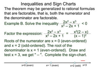 Inequalities and Sign Charts
The theorem may be generalized to rational formulas
that are factorable, that is, both the numerator and
the denominator are factorable.
Example B. Solve the inequality 2x2 – x3
x2 – 2x + 1
< 0
Factor the expression: 2x2 – x3
x2 – 2x + 1
= x2(2 – x)
(x – 1)2
Roots of the numerator are x = 0 (even-ordered)
and x = 2 (odd-ordered). The root of the
denominator is x = 1 (even-ordered). Draw and
test x = 3, we get " – ". Complete the sign-chart.
x=0 (even) x=2 (odd)
x= 1 (even) x=3
 