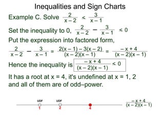 Example C. Solve x – 2
2 <
x – 1
3
Set the inequality to 0, x – 2
2
x – 1
3
< 0
Put the expression into factored form,
x – 2
2
x – 1
3
=
(x – 2)(x – 1)
2(x – 1) – 3(x – 2)
=
(x – 2)(x – 1)
– x + 4
Hence the inequality is (x – 2)(x – 1)
– x + 4 < 0
It has a root at x = 4, it's undefined at x = 1, 2
and all of them are of odd–power.
4
1 2
UDF UDF
(x – 2)(x – 1)
– x + 4
Inequalities and Sign Charts
 