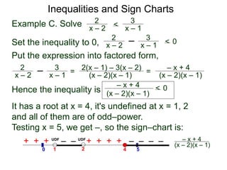 Example C. Solve x – 2
2 <
x – 1
3
Set the inequality to 0, x – 2
2
x – 1
3
< 0
Put the expression into factored form,
x – 2
2
x – 1
3
=
(x – 2)(x – 1)
2(x – 1) – 3(x – 2)
=
(x – 2)(x – 1)
– x + 4
Hence the inequality is (x – 2)(x – 1)
– x + 4 < 0
It has a root at x = 4, it's undefined at x = 1, 2
and all of them are of odd–power.
Testing x = 5, we get –, so the sign–chart is:
4
1
0 5
+ + + – – + + + + – – – –
2
UDF UDF
(x – 2)(x – 1)
– x + 4
Inequalities and Sign Charts
 