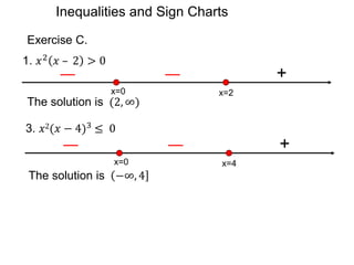 Exercise C.
3. 𝑥2(𝑥 − 4)3 ≤ 0
1. 𝑥2 𝑥 – 2 > 0
x=0 x=2
+
The solution is (2, ∞)
x=0 x=4
+
The solution is −∞, 4
Inequalities and Sign Charts
 